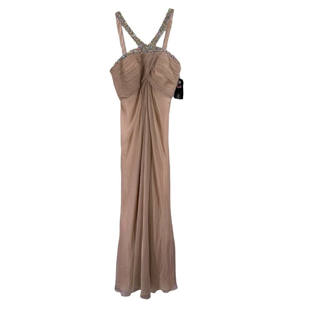 NWT $399 La Femme Nude Chiffon Jeweled Evening Gown Size 12 Formal Prom Halter